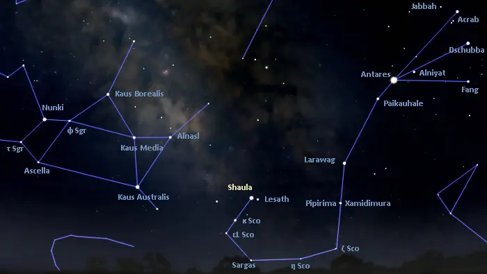 how to find shaula,where is shaula in the sky,lambda scorpii location,shaula finder chart