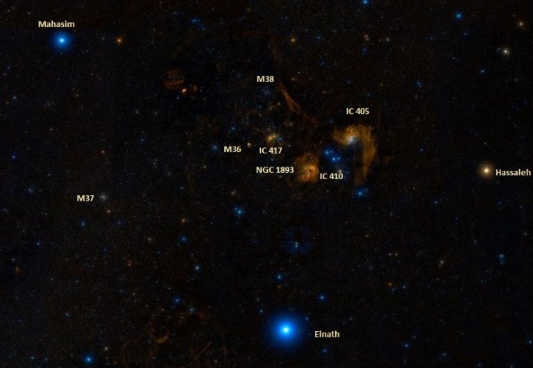 Elnath, Messier 36, Messier 37, Messier 38 and Flaming Star Nebula ...