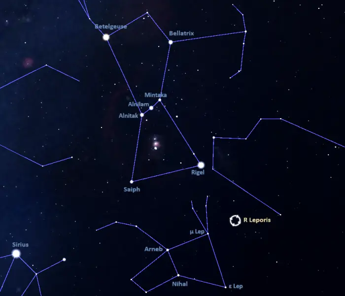 how to find r leporis,where is hind's crimson star in the sky